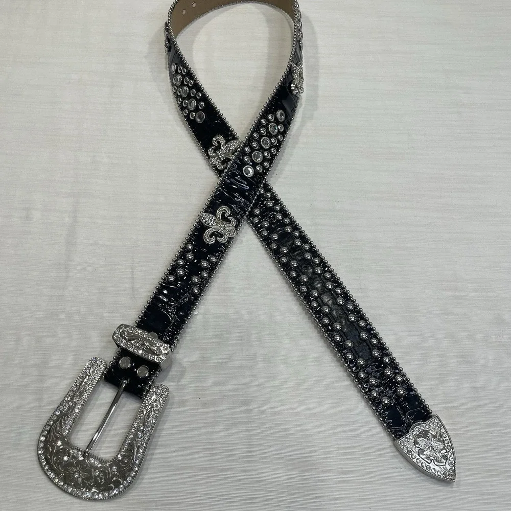 Blazin Roxx Womens Black Leather Rhinestone Western Belt Fleur De Lis 46in